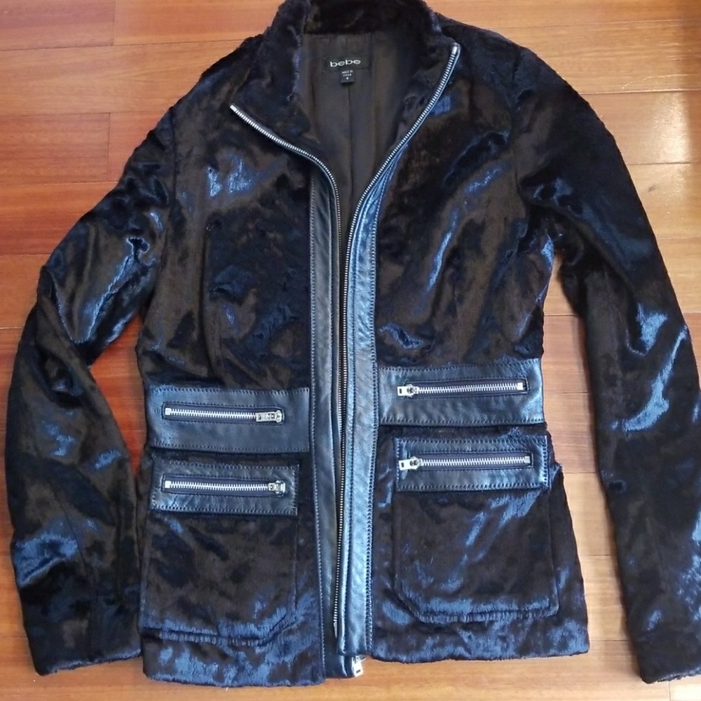 Bebe fur coat with leather trim. Size 8.